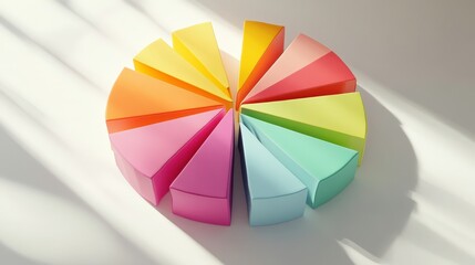 Fototapeta premium A colorful, segmented pie chart made of soft materials, showcasing various sections in pastel shades, likely representing data or information visually.