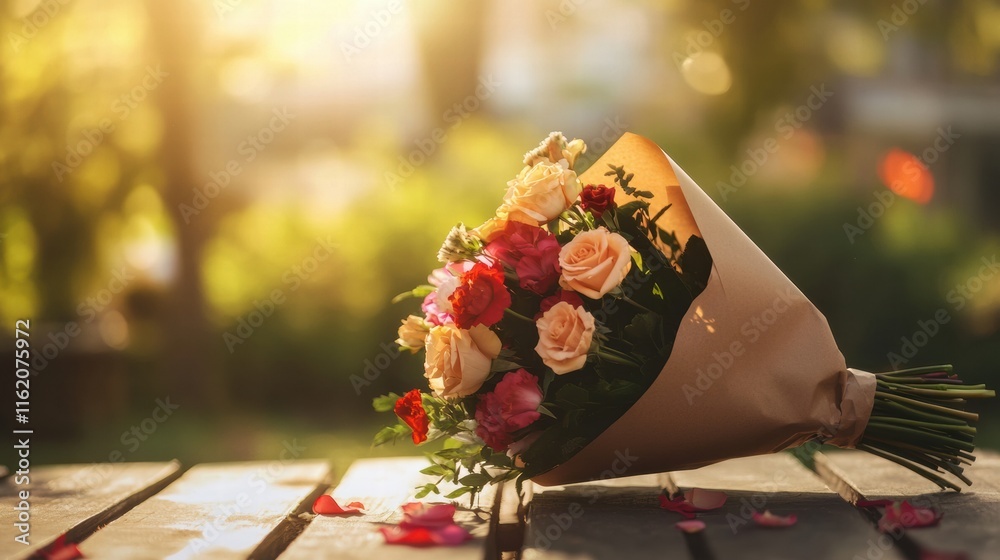 Poster Beautifully arranged bouquet wrapped in kraft paper sits on a wooden table with soft sunlight filtering through the trees. Generative AI