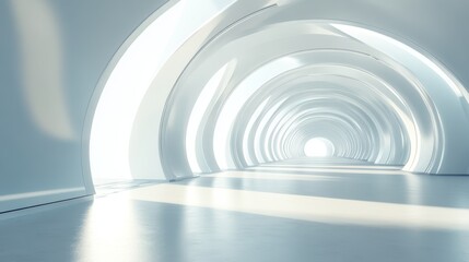 Obraz premium Abstract white futuristic tunnel with arched ceiling and bright light at the end.