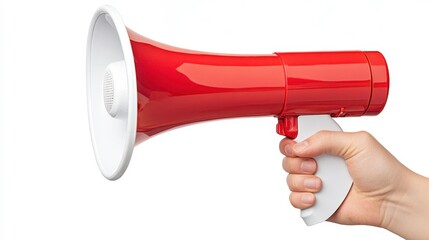 A hand holds a red megaphone, commonly used for amplifying voice or making announcements in various settings.