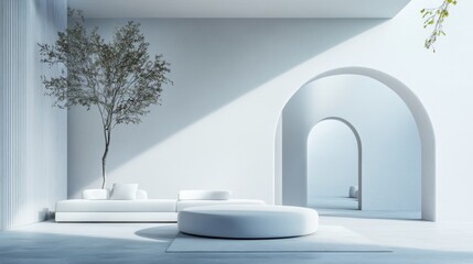 Minimalist white interior with arched doorways, sunlight, and a tree.