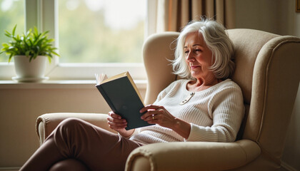 Smiling woman reading book in cozy armchair by window