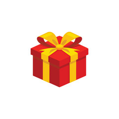 Red Gift Box with Yellow Bow isolated flat vector illustration on white background.