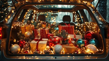 A cozy car filled with festive decorations, presents, and lights, creating a warm holiday atmosphere.