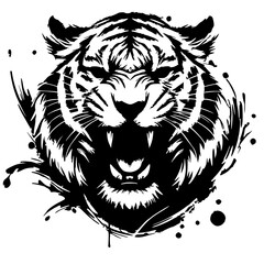 Tiger face silhouette with abstract ink strokes