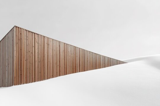 diagonal wooden fence partially covered in snow stretches across frame dividing minimalist composition into sections