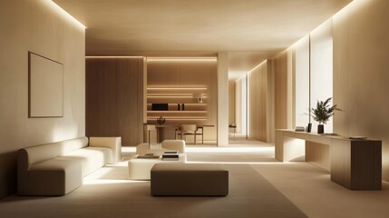 Fototapeta premium Well-lit, minimalist home office with a neutral color palette and modern decor