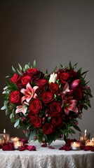 A heart-shaped arrangement of deep red roses and lilies, surrounded by soft candlelight and scattered rose petals, creating a romantic atmosphere ideal for celebrations or special occasions.