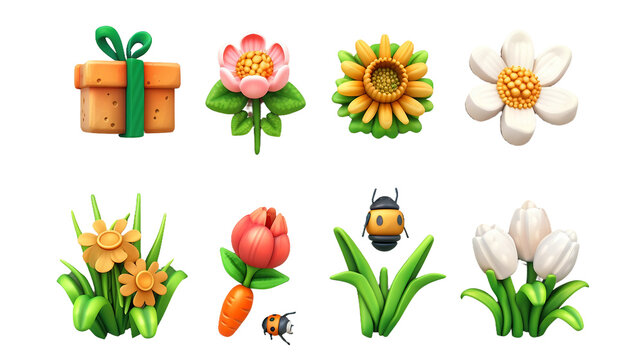Whimsical spring 3d icon set featuring cute ladybug, gift box, bee, carrot, magnolia flower, chamomile, and sunflower on transparent background; ideal for seasonal designs, nature themes, or floral.