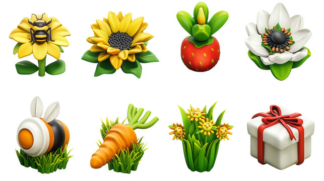 Whimsical spring 3d icon set featuring cute ladybug, gift box, bee, carrot, magnolia flower, chamomile, and sunflower on transparent background; ideal for seasonal designs, nature themes, or floral.