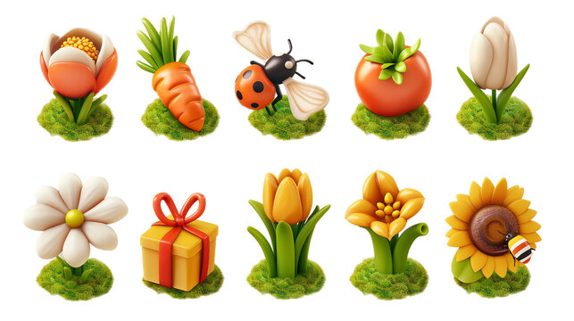 Whimsical spring 3d icon set featuring cute ladybug, gift box, bee, carrot, magnolia flower, chamomile, and sunflower on transparent background; ideal for seasonal designs, nature themes, or floral.