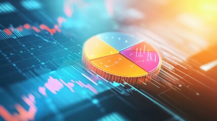 A digital pie chart is displayed over a background of data graphs, representing data analysis or business metrics.