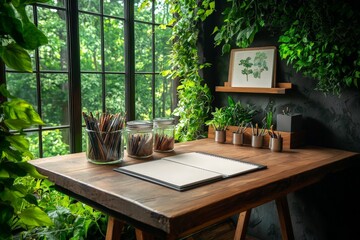 Fototapeta premium A Cozy Artistic Nook Featuring an Antique Wooden Desk Surrounded by Lush Greenery and Natural Light Perfect for Creative Inspiration and Relaxation