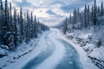 Serene Distant View of a Frozen River Winding Through a Snow-Covered Landscape with Pine Trees Under a Soft Cloudy Sky at Dusk