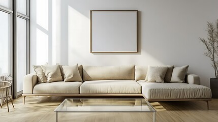 Fototapeta premium Sunlit minimalist living room with beige sectional sofa, glass coffee table, and blank square frame on wall.