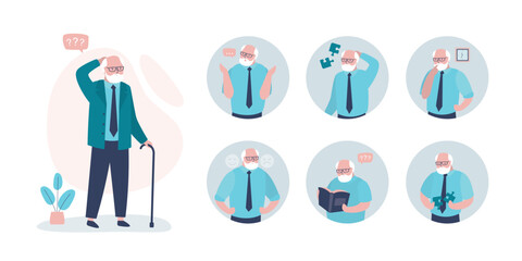 Alzheimer's Symptoms infographic, medical poster. Confusion senior. Aged man mentally problems, seniors disabled. Elderly loss memory, dementia information.