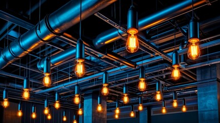 Sleek Matte Black Exposed Metal Piping with Vintage Bulbs Illuminating Modern Industrial Ceiling Design in Urban Space