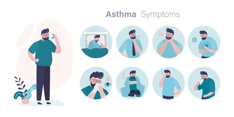 Asthma symptoms infographic. Asthma patient uses inhaler. Information on triggers, symptoms and treatment of asthma.