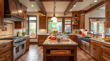 Rustic Farmhouse Kitchen Design with Exposed Beams and Granite Countertops