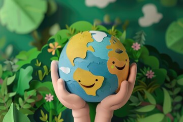 Hands holding earth paper cut  eco friendly concept illustration.