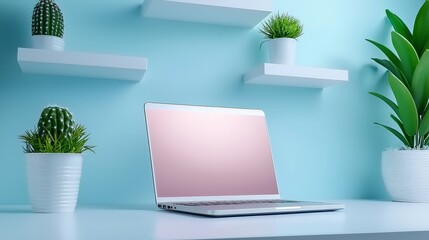 Fototapeta premium Modern Workspace Featuring Sleek Laptop, Wall-Mounted Shelves, and Greenery in a Fresh Blue Setting for an Organized Productive Environment