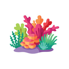 Vibrant underwater coral reef teeming diverse corals, showcasing marine biodiversity flat vector illustration.