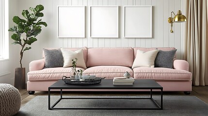 Pink sofa in modern living room with three blank frames, coffee table, plants, and pillows.