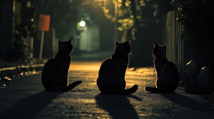 Silhouetted cats sitting on a quiet urban street at night.