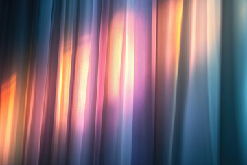 Sunset light filters through sheer curtains, creating a vibrant, colorful, and textured scene.