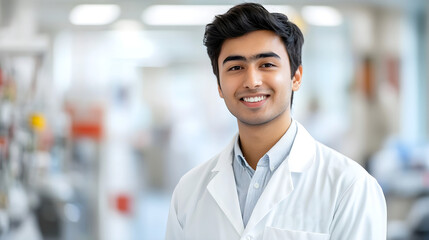 Fototapeta premium Smiling young scientist wearing a lab coat in a bright modern laboratory setting, representing innovation, science, and research in a professional environment