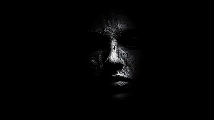 Close-up of a dimly lit, textured human face, partially obscured by shadows.