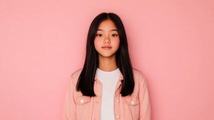 Fototapeta premium A young girl with long, straight hair stands against a soft pink background, wearing a casual outfit. The image conveys a sense of calm and simplicity, suitable for fashion or lifestyle contexts.
