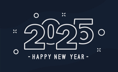 2025 text logo design with white outline on dark blue background, 2025 Happy New Year design vector, eps 10 vector illustration
