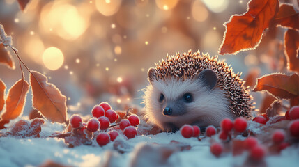 Obraz premium Hedgehog with red berries in snowy setting during sunset