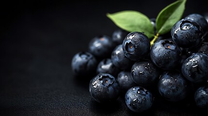 Close-up of fresh blueberries with water droplets on a dark background.