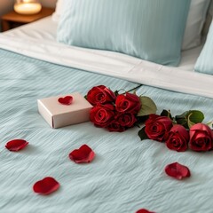 A romantic bedroom setting featuring a soft blue bedspread adorned with red roses, a gift box, and scattered rose petals, creating an intimate atmosphere for a special occasion.