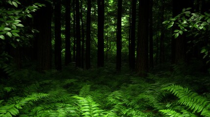 Fototapeta premium Deep Forest Shadows Lush Ferns and Tall Trees
