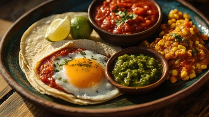 A plate of huevos divorciados with two types of salsa, one red and one green, served with warm corn tortillas and a side of refried beans.