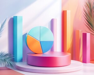 Obraz premium A colorful geometric composition featuring a pie chart and vertical bars, designed to represent data visualization in a modern, artistic style.