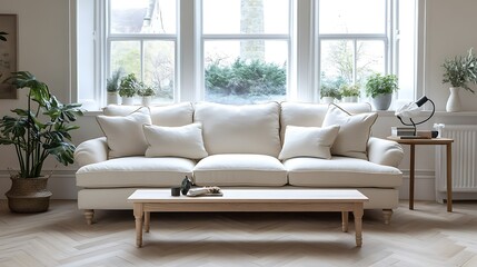 Fototapeta premium Elegant cream sofa in bright living room with large windows, wooden coffee table, and plants.