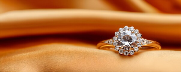 Engagement Ring halo concept. Elegant diamond ring on a luxurious golden fabric background.