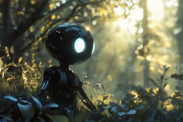 A small robot sits among vibrant greenery in a forest, illuminated by soft sunlight. The scene captures a serene moment of exploration and wonder in nature.