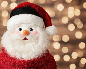 A cheerful Santa Claus figure with a fluffy white beard and a red hat, set against a backdrop of soft, glowing lights, evoking a festive holiday spirit.