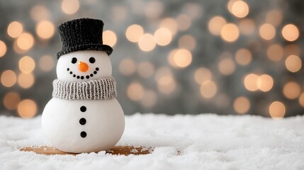 Obraz premium A charming snowman with a black top hat and gray scarf sits on a snowy surface, surrounded by a soft, blurred background of warm bokeh lights, evoking a cozy winter atmosphere.