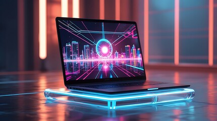 Futuristic laptop displaying a vibrant neon cityscape with glowing digital elements, highlighting cutting-edge technology, modern design, innovation, and advanced computing in a sleek, illuminated set