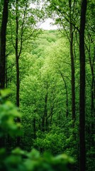 Obraz premium A serene view of a lush green forest, showcasing dense trees and vibrant foliage, creating a peaceful atmosphere in nature.