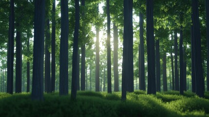 Obraz premium A serene forest scene with tall trees and soft sunlight filtering through, creating a peaceful atmosphere. Lush greenery covers the ground, enhancing the natural beauty of the environment.