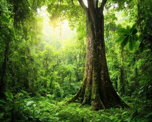 Obraz premium A lush, vibrant rainforest scene featuring a large tree surrounded by dense greenery, capturing the beauty and tranquility of nature.