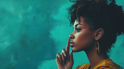 Obraz premium A thoughtful woman with fingers to her lips stands against a teal background, creating an atmosphere of quiet contemplation and enigmatic storytelling.