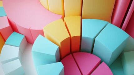 Obraz premium A close-up view of colorful geometric shapes arranged in a circular pattern, showcasing a blend of pastel colors and smooth surfaces, creating a visually appealing abstract composition.